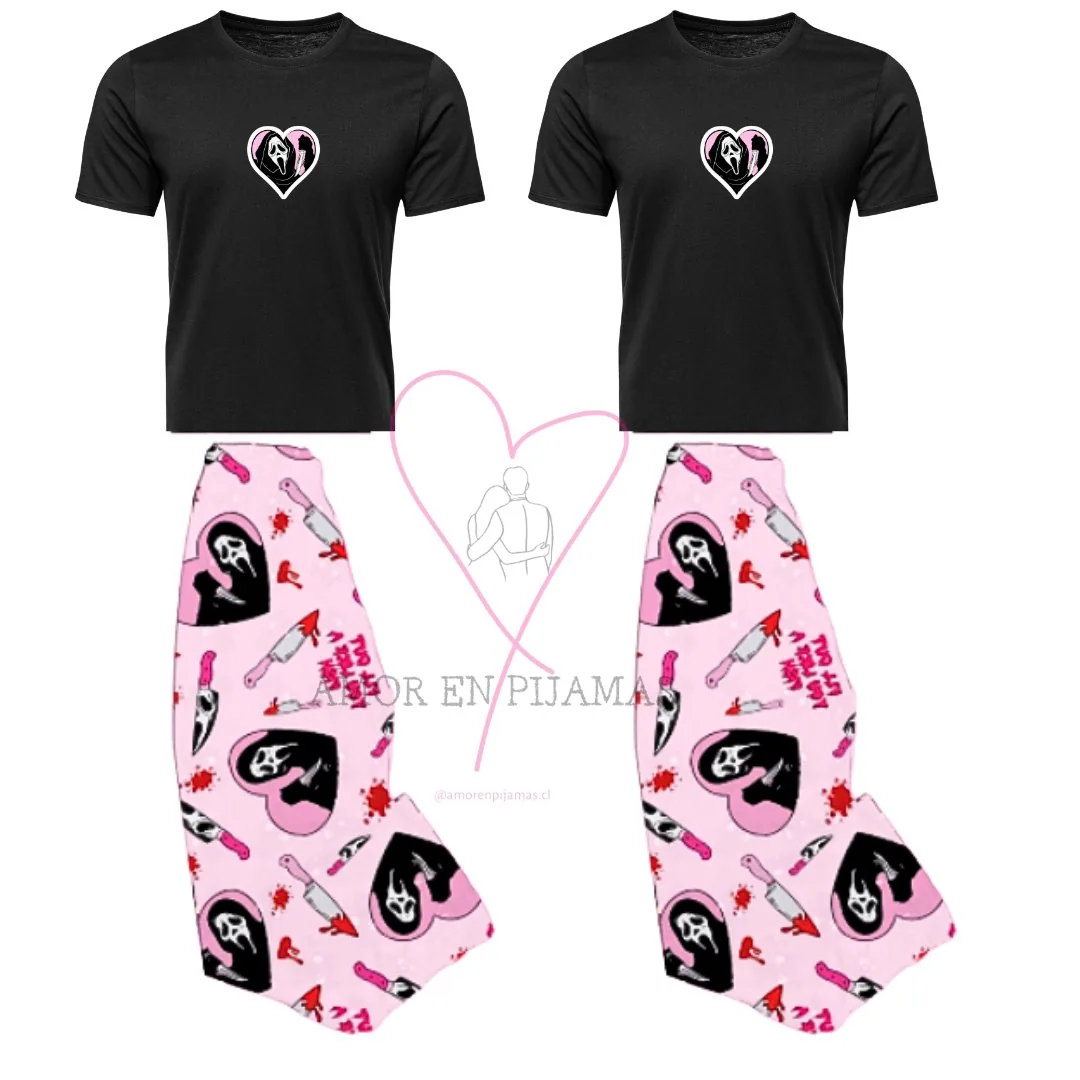 Pijamas para pareja Scream Rosado - 4 piezas - Amor en Pijamas Pijamas para pareja Scream Rosado - 4 piezas - Amor en Pijamas