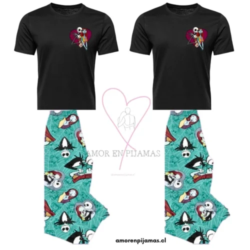 Pijamas para parejas de haloween Jack y Sally Verde - Amor en pijamas